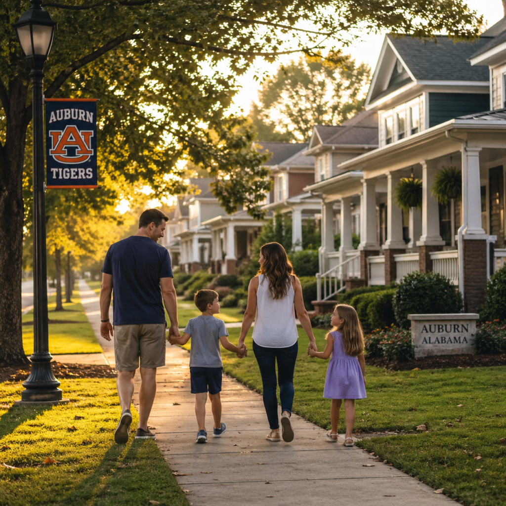 Family of four walking along a tree-lined suburban street in Auburn, Alabama, surrounded by well-maintained homes during warm golden hour sunlight.