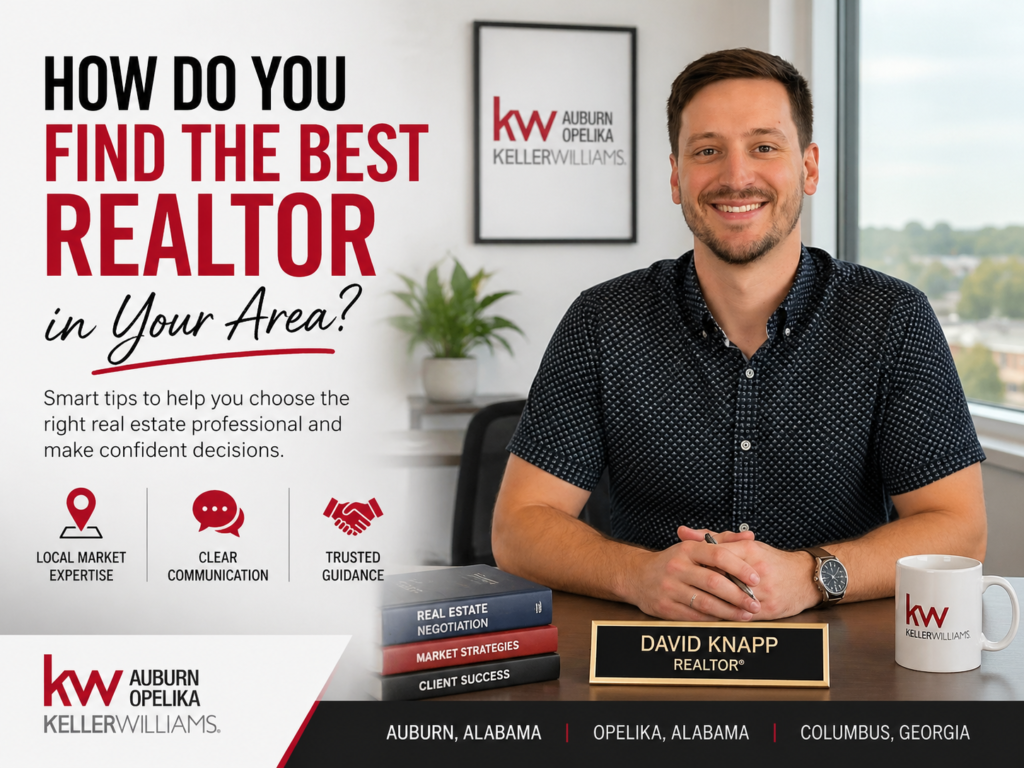 Professional realtor David Knapp in a modern office setting with Keller Williams Auburn Opelika branding, highlighting tips on how to find the best realtor in your area across Auburn, Opelika, and Columbus, Georgia.
