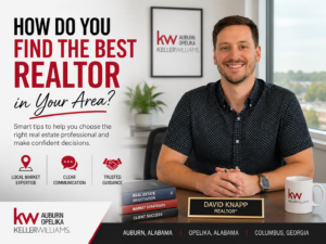 Professional realtor David Knapp in a modern office setting with Keller Williams Auburn Opelika branding, highlighting tips on how to find the best realtor in your area across Auburn, Opelika, and Columbus, Georgia.